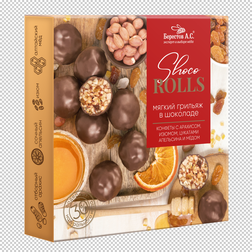  Берестов Shoco Rolls конфеты с арахисом, изюмом, цукатами апельсина и медом,  135г в Алапаевске